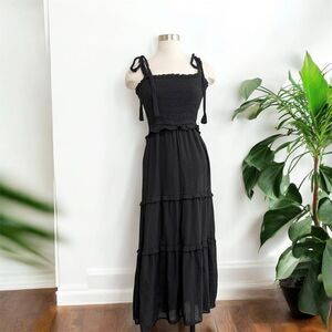 Black Tiered Peasant Smocked Ruffle Y2K Maxi Dress Cottagecore Small Medium